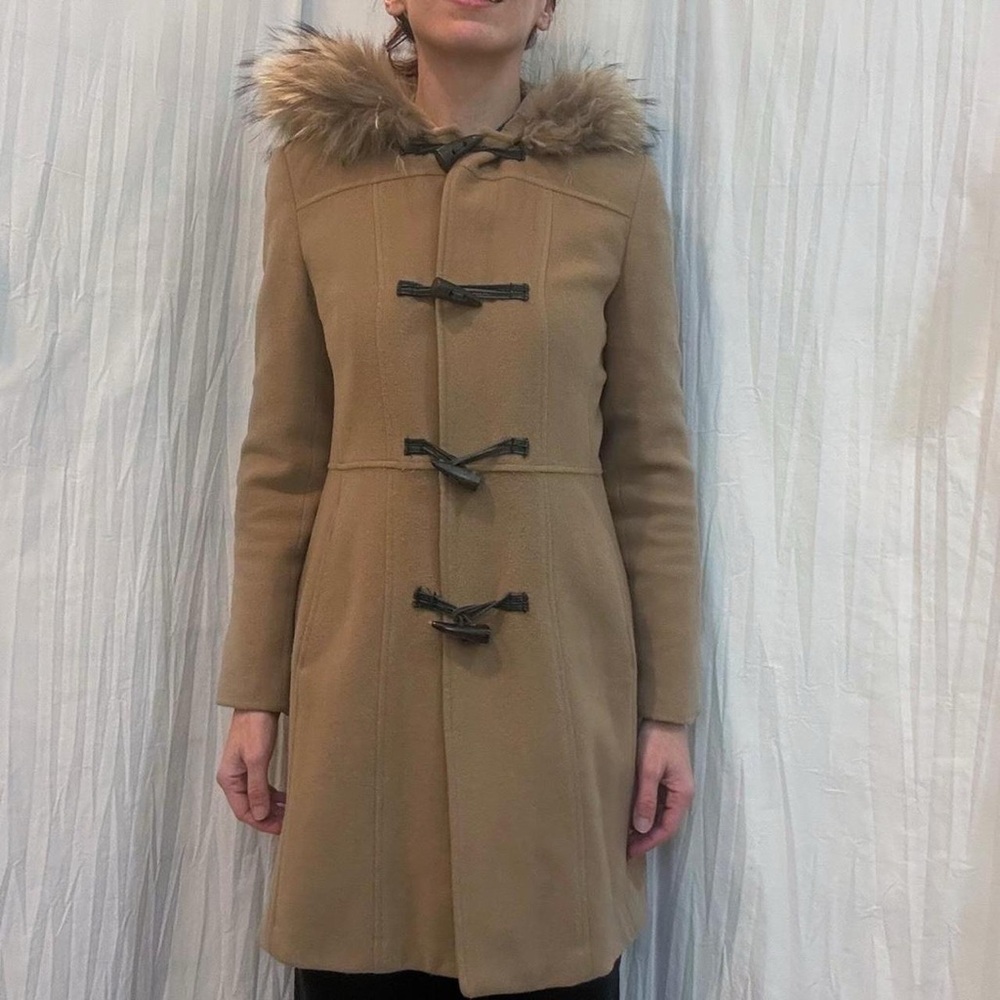 Camel‎ Wool and Cashmere Coat with Raccoon Fur Hood 90s/Y2K Warm Small